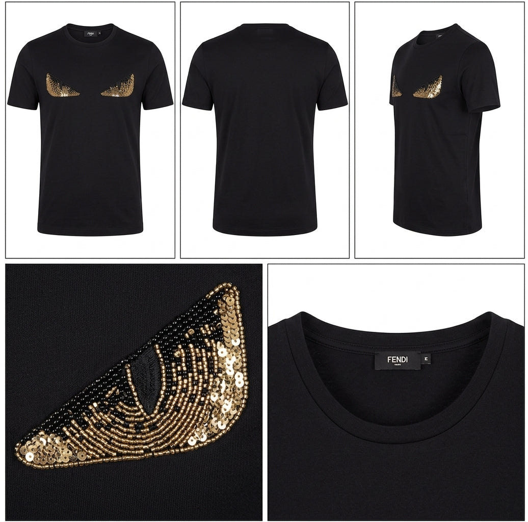 Fendi Monster Eye Paillettes Logo T-Shirt – Black