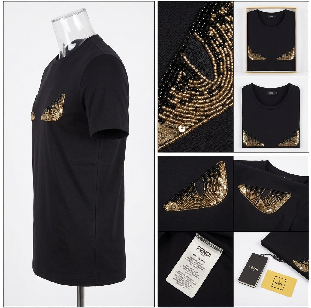 Fendi Monster Eye Paillettes Logo T-Shirt – Black