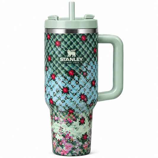 40oz Floral Print Insulated Tumbler with Handle & Straw | Reusable Travel Cup
