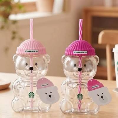 2026 Starbucks Bearista Pink Bear Glass Tumbler 20oz Cold Cup with Straw Gift Set