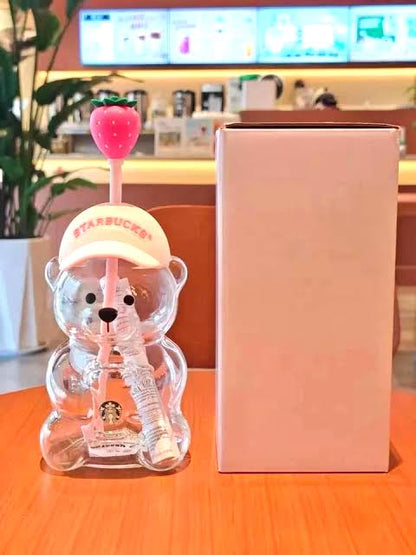 2026 Starbucks Bearista Pink Bear Glass Tumbler 20oz Cold Cup with Straw Gift Set