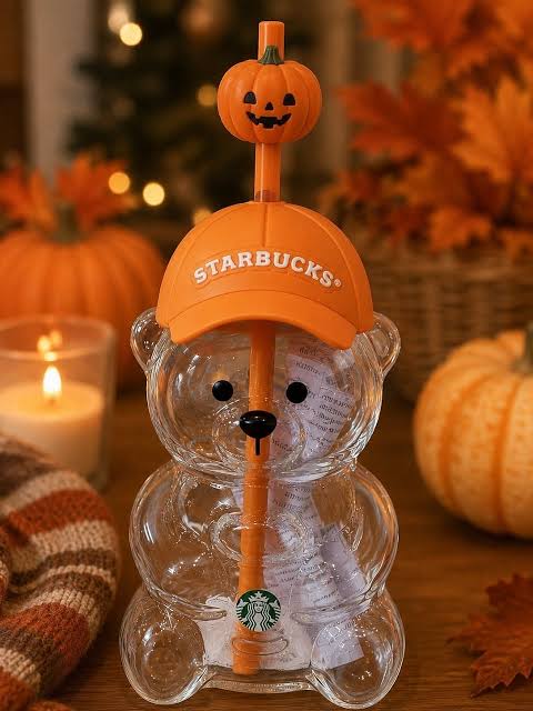 Starbucks Bearista Halloween 20oz glass bear cup with pumpkin topper and baseball cap