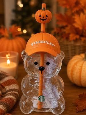 Starbucks Bearista Halloween Glass Bear Cup with Pumpkin Topper & Baseball Cap – 20oz