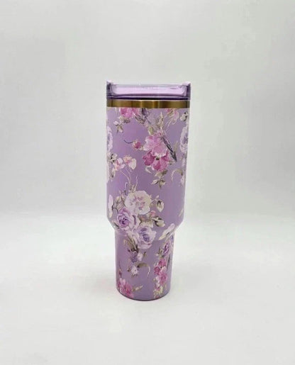 Purple Floral 40 oz Insulated Tumbler with Handle & Straw –