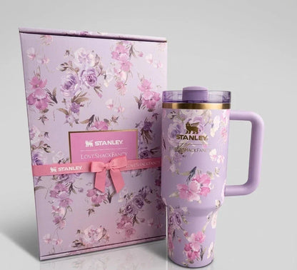 Purple Floral 40 oz Insulated Tumbler with Handle & Straw –