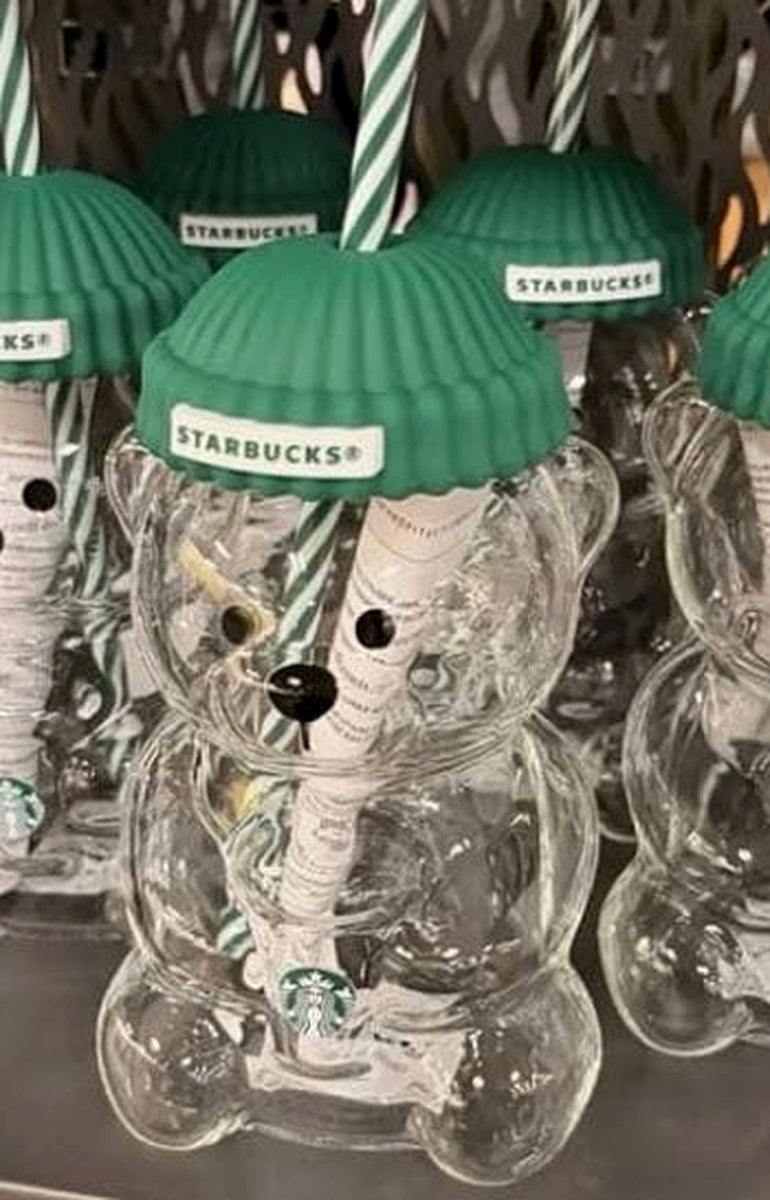 Starbucks Bear Glass Cup with Green Lid & Straw – 16oz